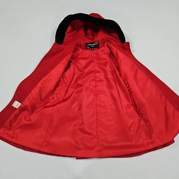 Stephanie Matthews Girls 100% Wool Red Jacket Coat Black Velvet Size 5 Long Hood